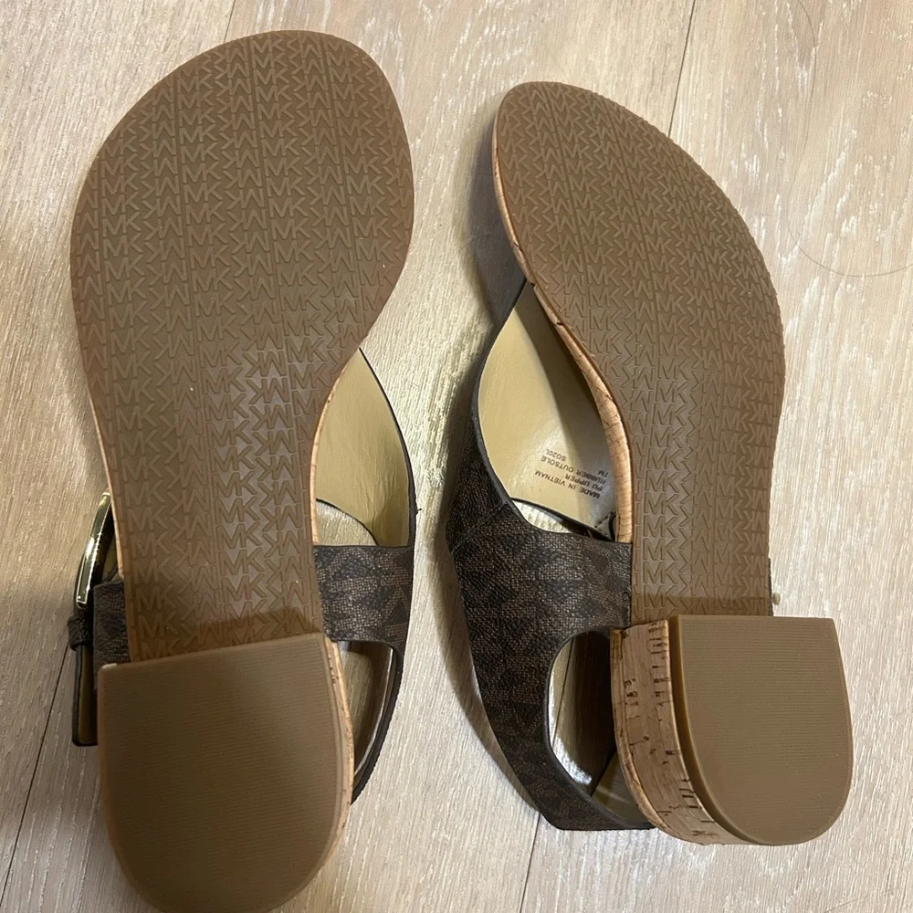 Michael Kors Brown Cork Thong Sandals with Gold Buckle